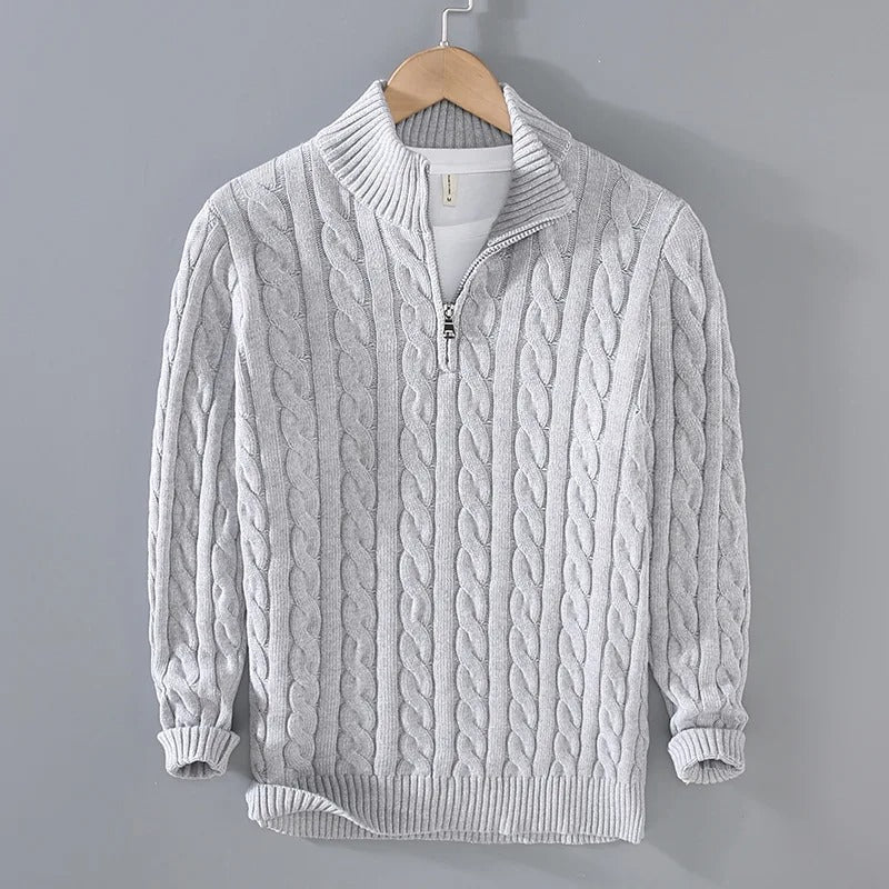 Strickpullover mit Zopfmuster und Reißverschluss-Kragen