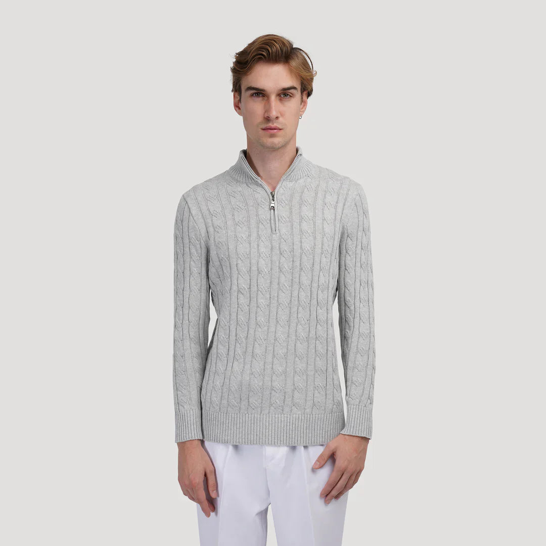 Strickpullover mit Zopfmuster und Reißverschluss-Kragen